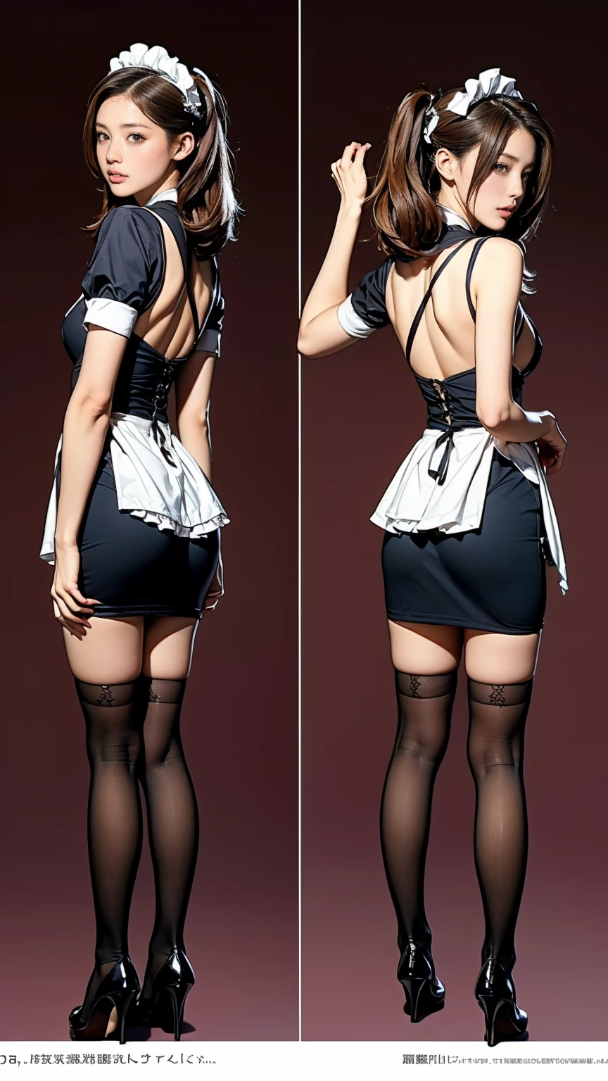 ((masterpiece)),(((Highest quality))),((Reference Sheet, Character Design, front, return, ~ ~ ~ ~ side, Mr....々Hairstyle, Mr....々performance, Facial Expressions)), 14-year-old girl, Cute type,  (Very slim:1.4),  (Very small ass:1.4), Realistic buttocks, Big Breasts, Short Bob, Thin thighs, Long legs, It's not a big deal, ((Dress and stockings, Gorgeous maid, Maid clothes，Hair Ribbon)), ((Browsing Caution:1.0))
