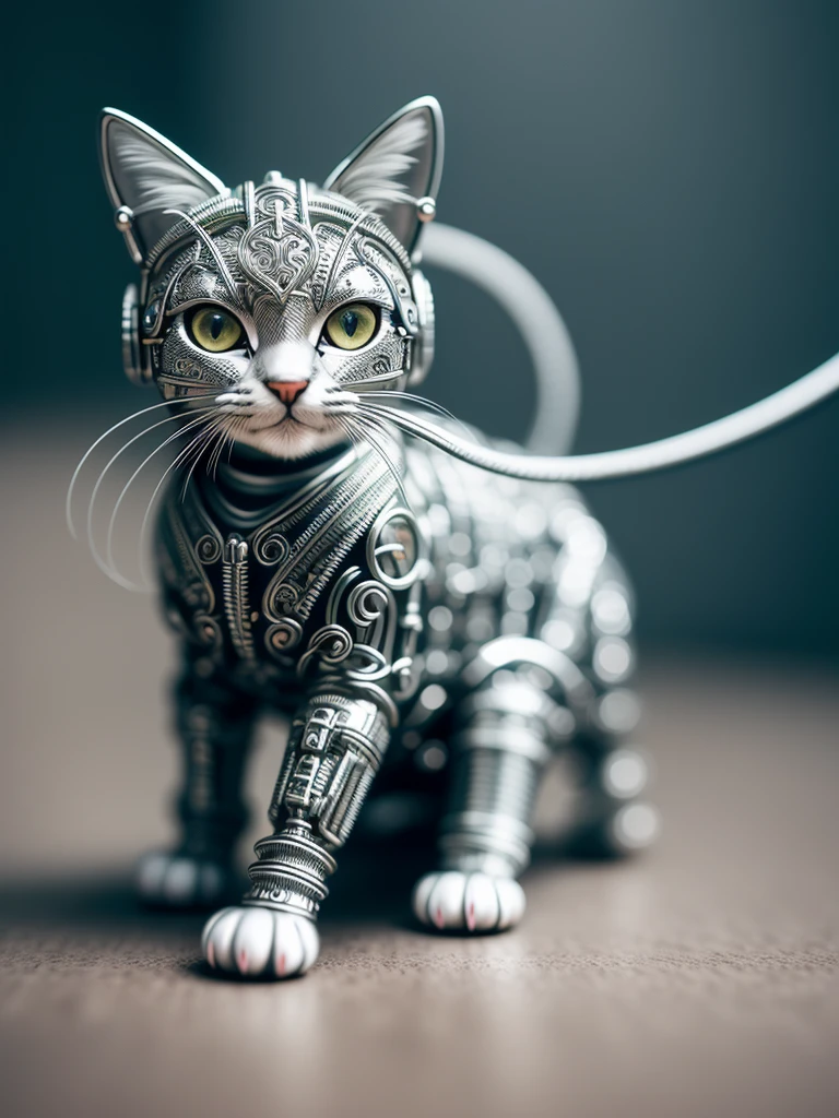 a cute kitten made out of metal, (cyborg:1.1), ([tail | detailed wire]:1.3), (intricate details), hdr, (intricate details, hyperdetailed:1.2), cinematic shot, vignette, centered