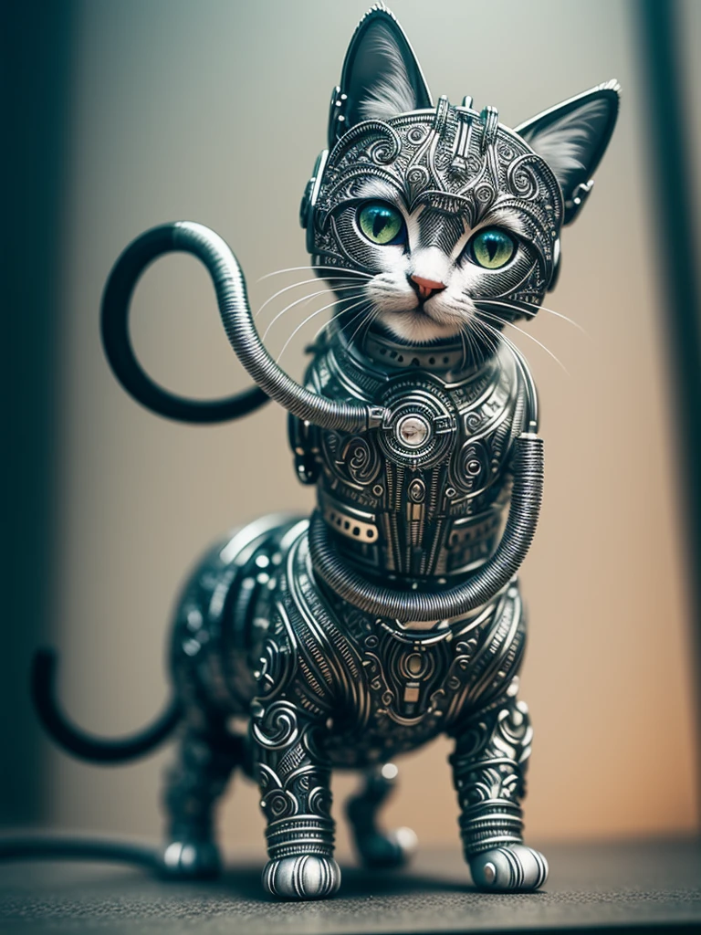 a cute kitten made out of metal, (cyborg:1.1), ([tail | detailed wire]:1.3), (intricate details), hdr, (intricate details, hyperdetailed:1.2), cinematic shot, vignette, centered