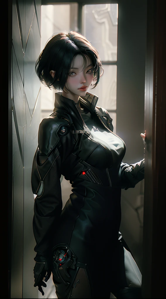 ((Best quality)), ((masterpiece)), (detailed:1.4), 3D, an unreal engine image of a eerie short hair cyberpunk female,HDR (High Dynamic Range),Ray Tracing,NVIDIA RTX,Super-Resolution,Unreal 5,Subsurface scattering,PBR Texturing,Post-processing,Anisotropic Filtering,Depth-of-field,Maximum clarity and sharpness,Multi-layered textures,Albedo and Specular maps,Surface shading,Accurate simulation of light-material interaction,Perfect proportions,Octane Render,Two-tone lighting,Wide aperture,Low ISO,Volumetric color.Rule of thirds,8K RAW,