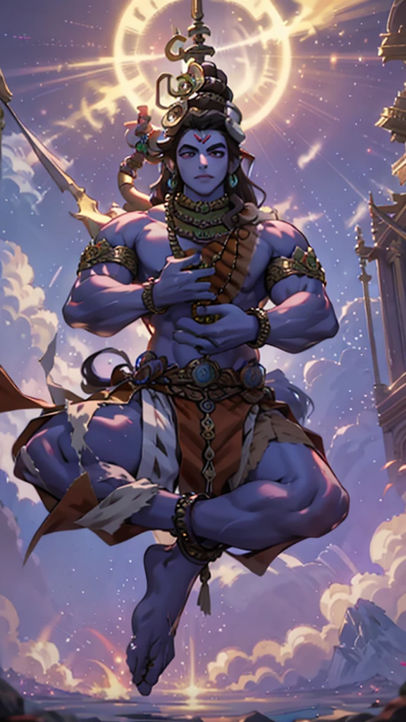 Shree Hanuman Ji, a revered deity in Hindu mythology, is typically depicted with distinct and powerful attributes. Here’s a detailed description of his appearance:

1. **Physical Form**: Hanuman is often portrayed with a robust, muscular build, symbolizing his immense strength and agility. He has the body of a human but with a face that resembles that of a monkey, including a long tail.

2. **Facial Features**: His face is usually depicted with expressive, large eyes full of devotion and determination. He may have a gentle smile or a fierce expression, depending on the context of the depiction. His head is sometimes adorned with a small crown or a simple tuft of hair.

3. **Clothing and Accessories**: Hanuman is typically dressed in a dhoti, a traditional Indian garment. He often wears various ornaments such as armlets, bracelets, and anklets, signifying his divine status. A distinctive feature is the sacred thread (Yajnopavita) that he wears across his chest.

4. **Posture**: He is commonly shown in a dynamic pose, leaping or flying, reflecting his role as the messenger and warrior. In other representations, he may be depicted in a kneeling position, with folded hands, showing his devotion to Lord Rama.

5. **Weapons and Symbols**: Hanuman often holds a gada (mace), which is a symbol of his power and valor. In some images, he might be carrying a mountain, recalling the episode from the Ramayana where he brought the Sanjeevani herb to save Lakshmana.

6. **Aura and Halo**: Many depictions include a glowing halo around his head, indicating his divinity and purity. His aura often radiates with energy and vitality.

7. **Additional Attributes**: In some images, especially in temples, Hanuman is shown tearing open his chest to reveal an image of Lord Rama and Sita, symbolizing his unwavering devotion and the presence of divinity within him.

Overall, Shree Hanuman Ji is depicted as a figure of immense strength, unwavering devotion, and boundless energy, embodying the qu