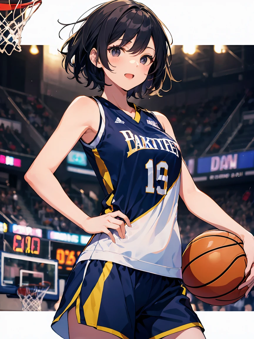 In one girl、fun、dress,(small breasts ) , blackshort hair, black eyes, playing basketball, happy, scoring in basketball A women's basketball uniform, sleeveless fitted navy blue jersey, white and gold side stripes, white numbers with gold outline, matching navy blue shorts, side stripes on shorts, team logo on shorts, background of a basketball game.