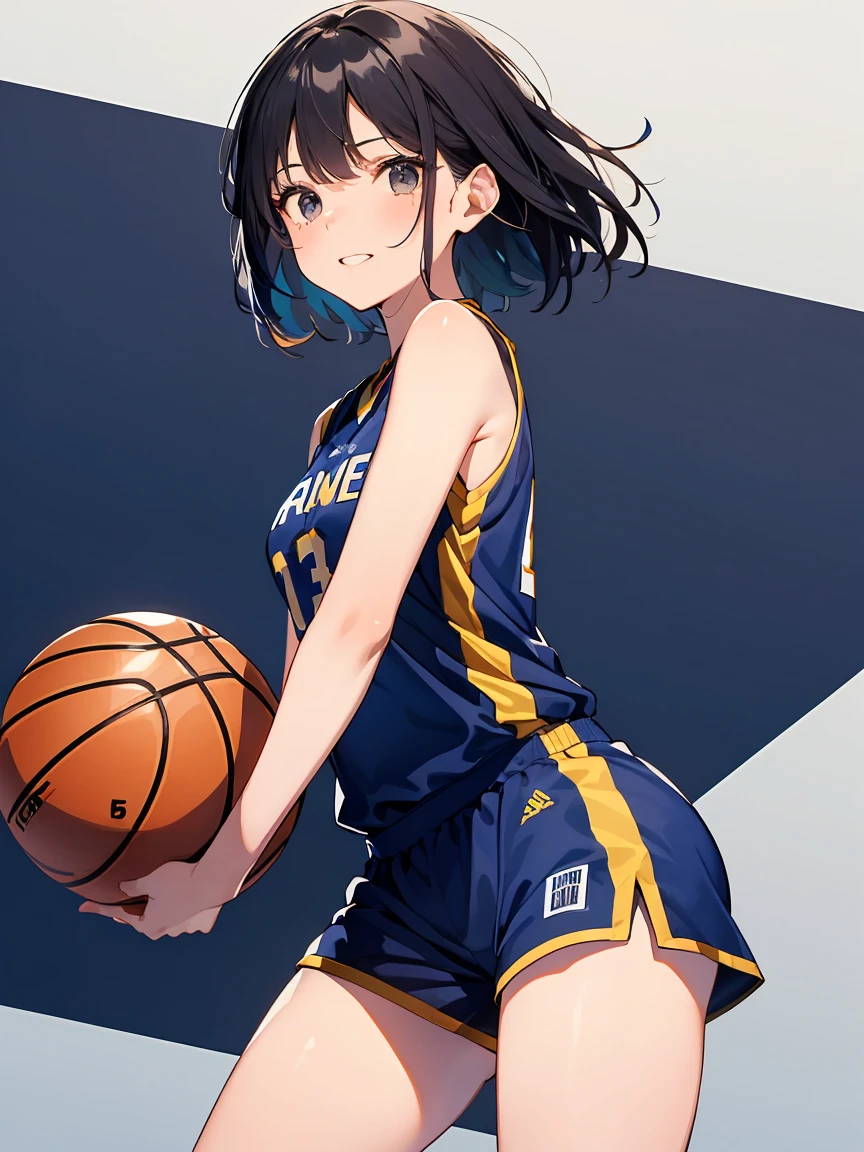 In one girl、fun、dress,(small breasts ) , blackshort hair, black eyes, playing basketball, happy, scoring in basketball A women's basketball uniform, sleeveless fitted navy blue jersey, white and gold side stripes, white numbers with gold outline, matching navy blue shorts, side stripes on shorts, team logo on shorts, background of a basketball game.