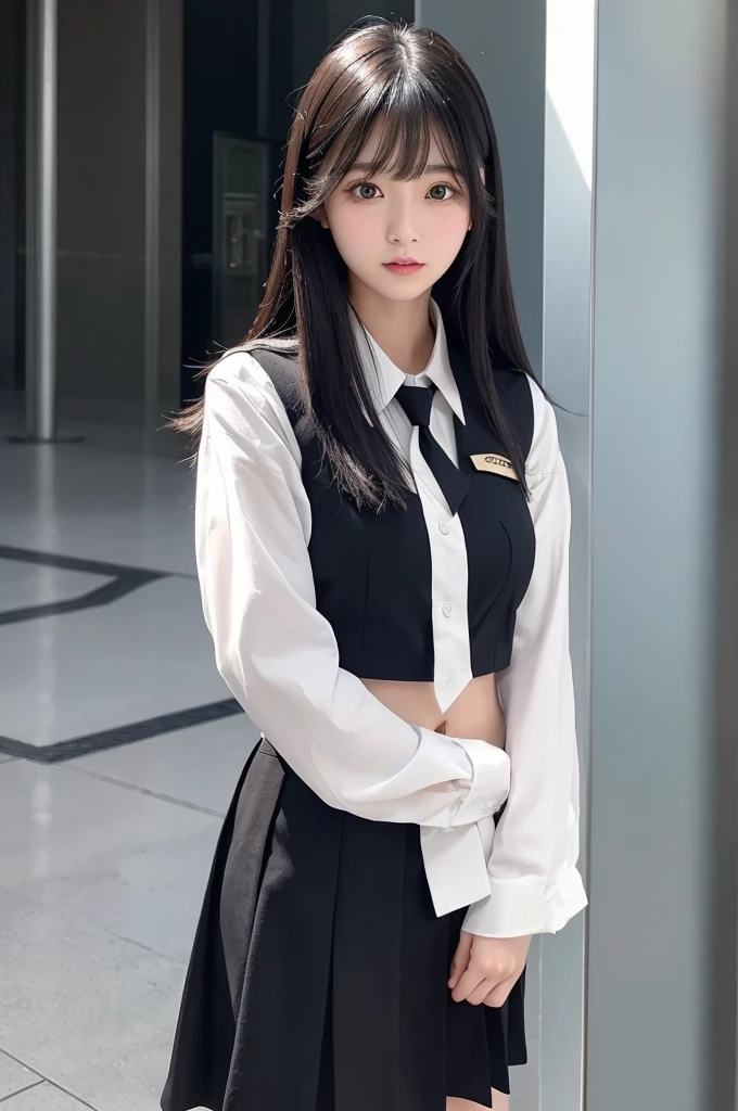 Black hair, below shoulder length、A face that is a mix of a little loose and cute.、There is not much exposure in the uniform、The skirt is a little short、Her belly is showing、The hands are thin、Bangs are blunt