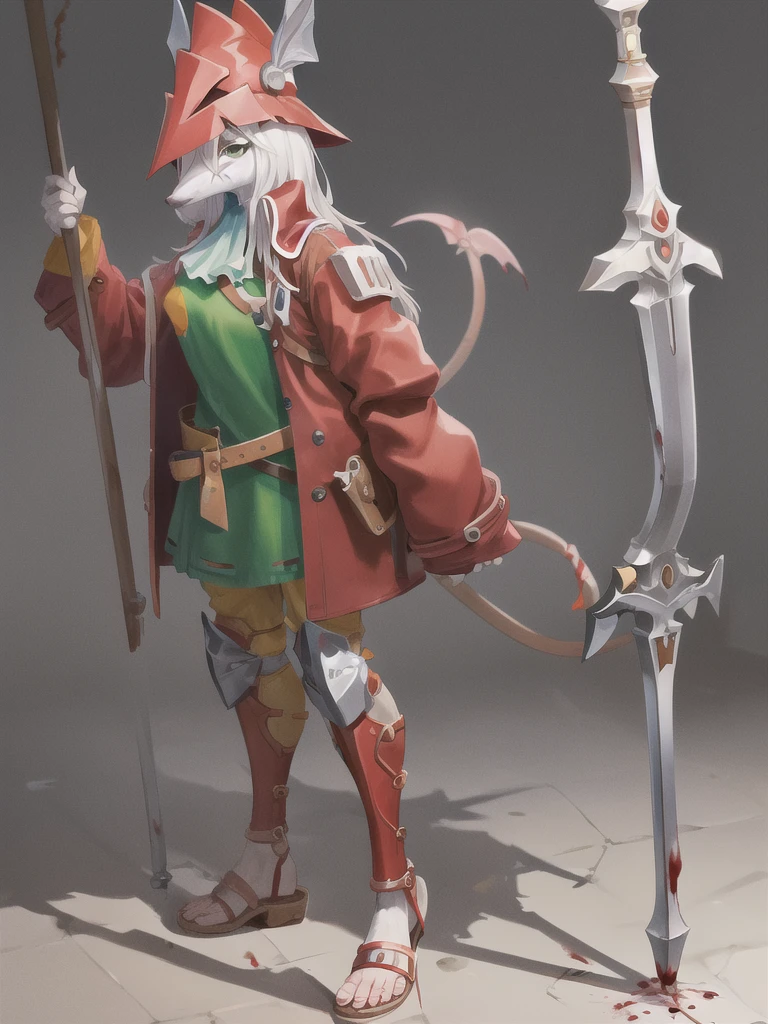 furry female, snout, red headwear, red jacket, mouse girl, green eyes, (masterpiece, best quality:1.2), full body portrait, freya crescent, 1girl, solo,(white skin:1.05), colored skin, furry, green dress, sandals, gladiator sandals, leg guards, spear, bloody nose, bleeding nose, tail, looking ahead, standing