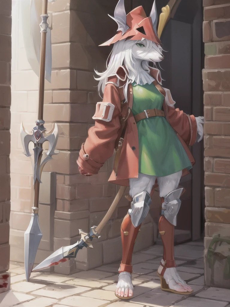 furry female, snout, red headwear, red jacket, mouse girl, green eyes, (masterpiece, best quality:1.2), full body portrait, freya crescent, 1girl, solo,(white skin:1.05), colored skin, furry, green dress, sandals, gladiator sandals, leg guards, spear, bloody nose, bleeding nose, tail, looking ahead, standing