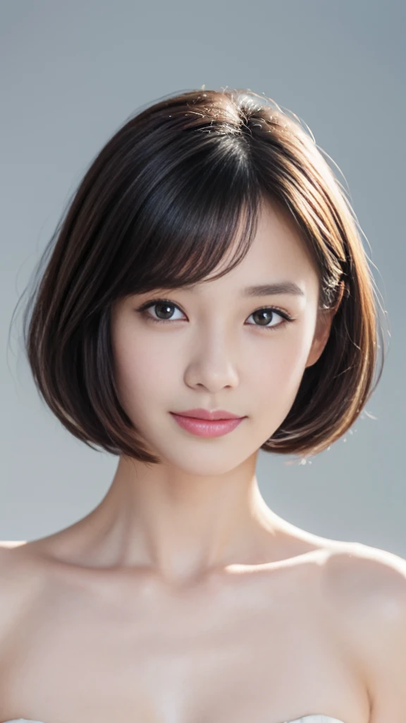 ((masterpiece, Highest quality, High resolution)), 1 Girl, (Realistic: 1.4), alone, White Background, snow-White Background, Mouth closed, Smile, Smile, Beautiful black hair, short hair, Big eyes, Transparent double eyelids, eyelash, Listen carefully, Long neck, Long neck, Absolute area, ((Face close-up)), (Draw the whole head, shoulder), 30 years old, Attractive proportions, Shiny skin, Beautiful collarbone, A face of golden proportions, Perfect Face, Teardrop-shaped moles, Mole on chest, bangs, clean bangs, beautiful bangs, Lip gloss, Thin lips, Pale skin, naked, Small breasts, Small face, Small face, All the heads are painted, shoulder all drawn, Look slightly up and into the camera,smile、