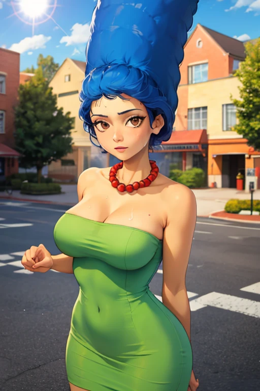 masterpiece, best quality, outdoors, lens flare, depth of field, 1girl, solo, looking at viewer, breasts, margesimpson, yellow skin, Brown eyes,  afro, big hair, necklace, pearl necklace, strapless dress, green dress, cowboy shot, sweat