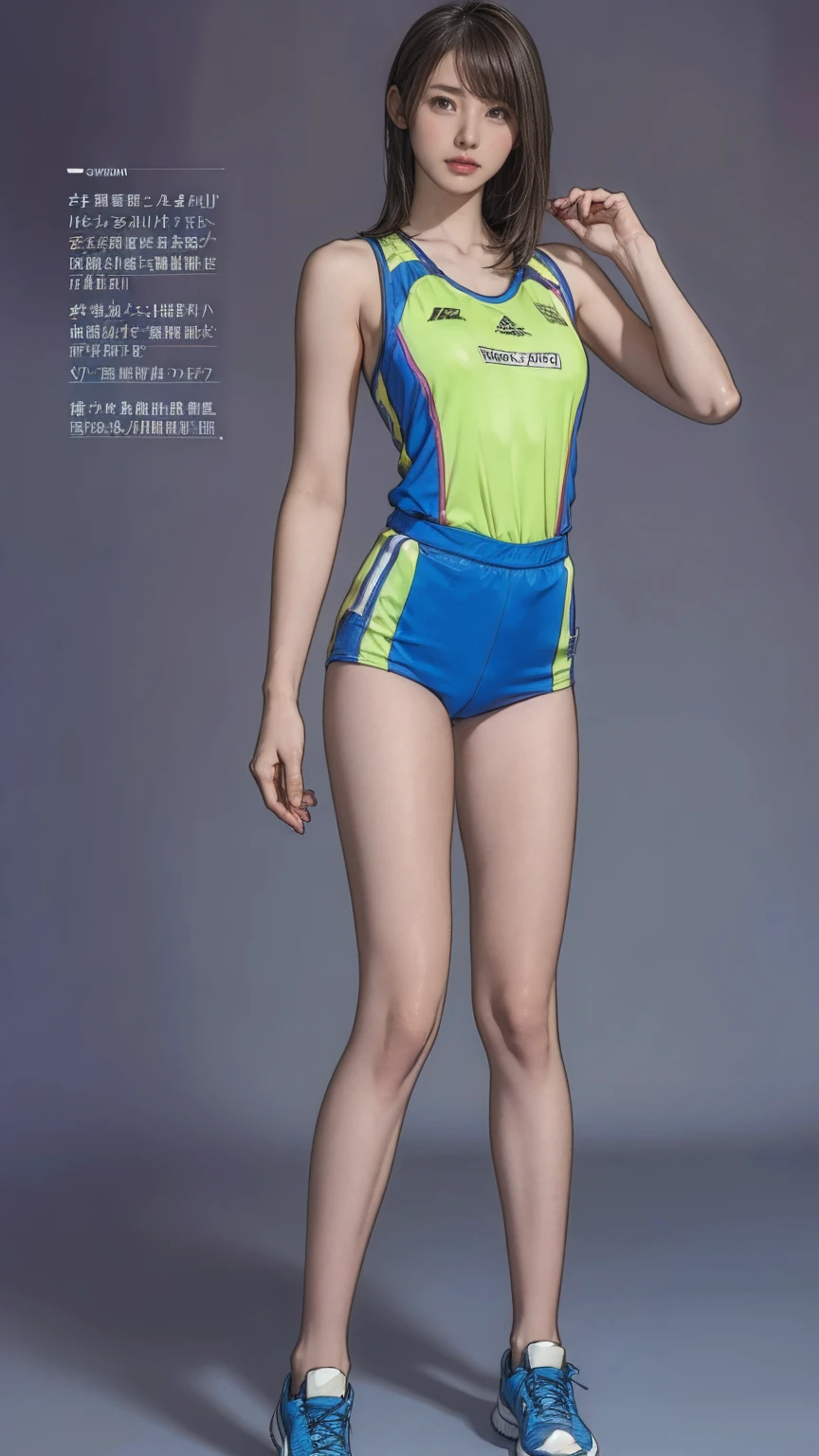 ((masterpiece)),(((Highest quality))),((Character design sheet)),Thin thighs,Long legs,It's not a big deal ,Wearing a marathon uniform and marathon shoes