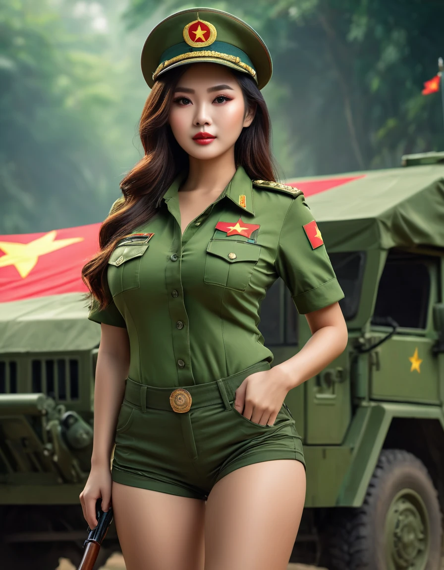 a beautiful young vietnamese woman with gigantic breasts,extremely detailed face,high quality portrait,detailed skin texture,very long silky hair,wearing a short military green outfit with vietnam flag on shirt,mini shorts,photorealistic,hyperrealistic,masterpiece,8k,award winning digital art