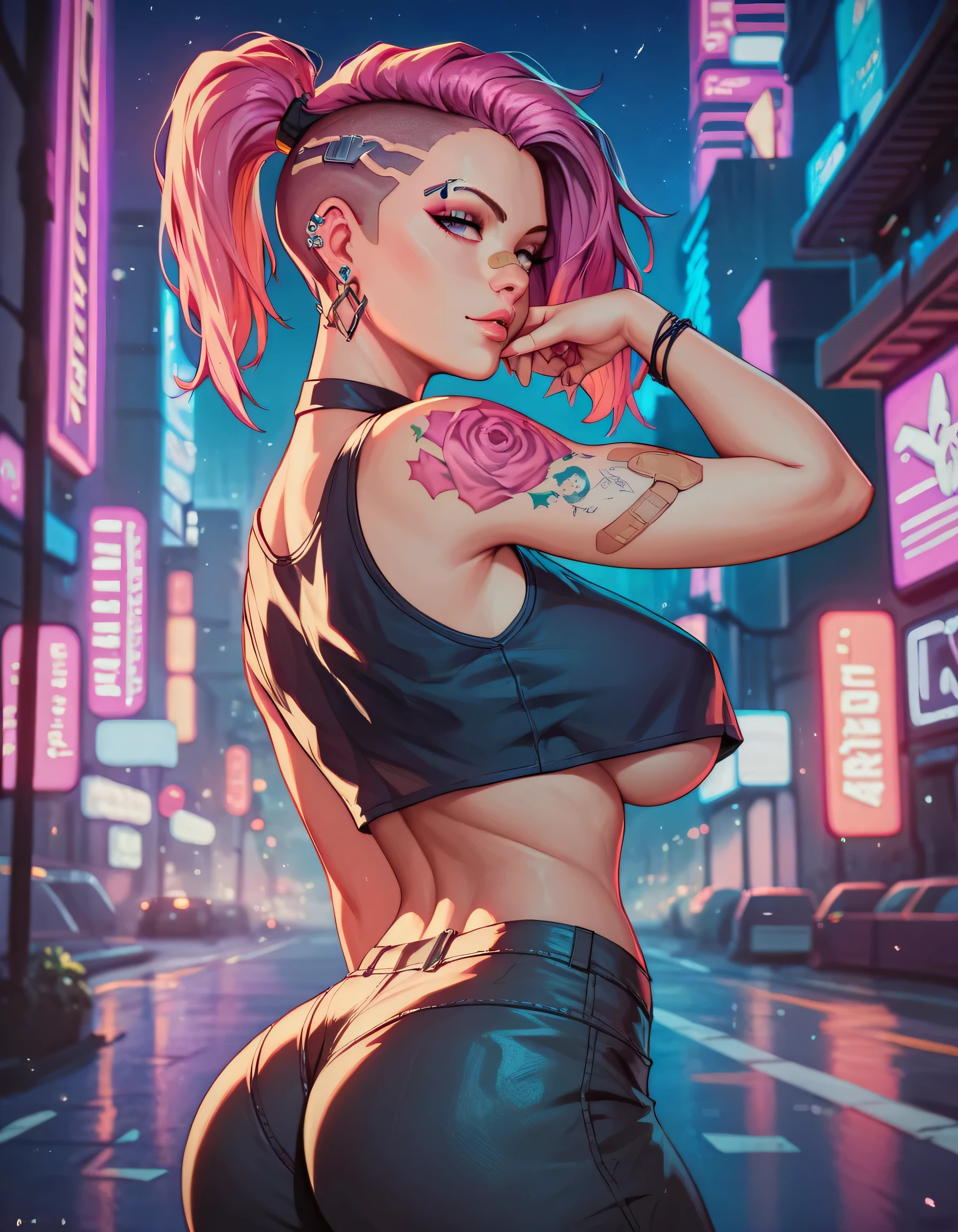 SCORE_9, SCORE_8_UP, SCORE_7_UP, SCORE_6_UP, MASTERPIECE, BEST QUALITY, HIGH QUALITY, HIGHRES, ABSURDRES, PERFECT COMPOSITION, INTRICATE DETAILS, ULTRA-DETAILED, PERFECT FACE, PERFECT EYES, NEWEST, nsfw,1girl, solo, super slutty girl, erotic, cyberpunk, looking_at_viewer, blurry, ponytail, long_hair, undercut, blurry_background, tattoo, neon_lights, earrings, jewelry, night, pink_eyes, large breasts, from_side, multicolored_hair, oversize crop top, underboobs, thick hips, round peachy butt, purple_hair, outdoors, stud_earrings, depth_of_field, ear_piercing, bandaid_on_face, looking_back, bandaid, half-closed_eyes, forehead_mark, building, glowneon, cyborg