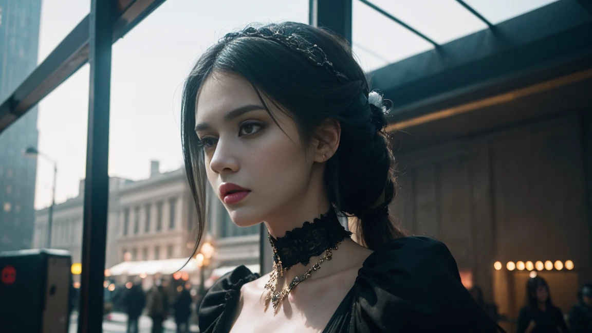  One girl, France、Paris、terrorism、Portraiture, close, 薄dark, dark, night, dark background, (Parisの街並み、Horror atmosphere, Black Style, Dramatic lighting, Calm colors, Modest), Long Hair, Gothic Dress, dark makeup, Dusty clothes,choker, Red and Black, high quality, 最high quality, masterpiece, Cinema Lighting, ((Perfect Eyes, Detailed eyes, Realistic eyes, Symmetrical eyes)), ((Sharp Face, Detailed face, Realistic Face, Natural Skin, Realistic Skin, Detailed skin, pores)), RAW 32k Photos