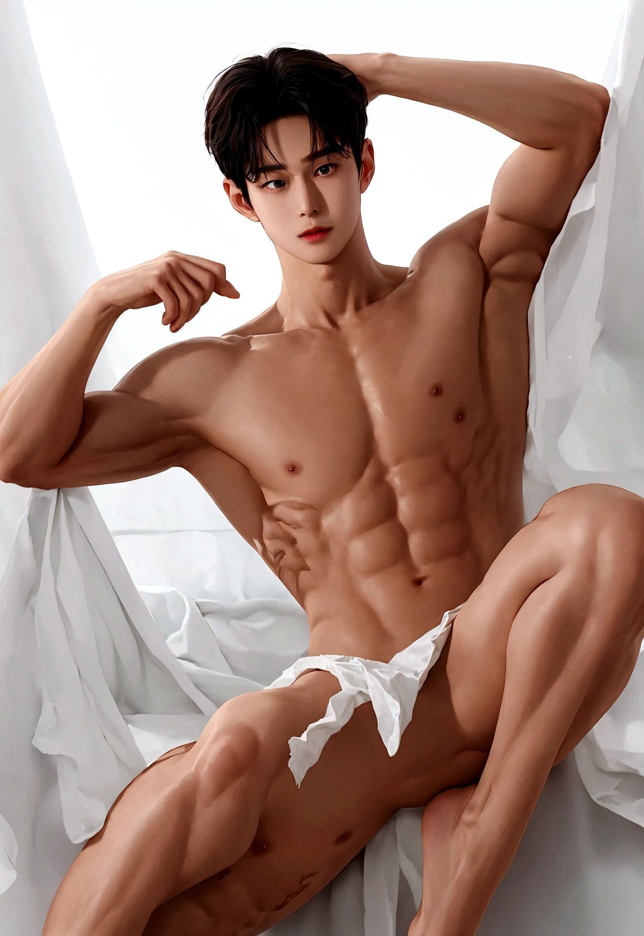 Abs handsome guy white skin,Asian bare feet。wear。