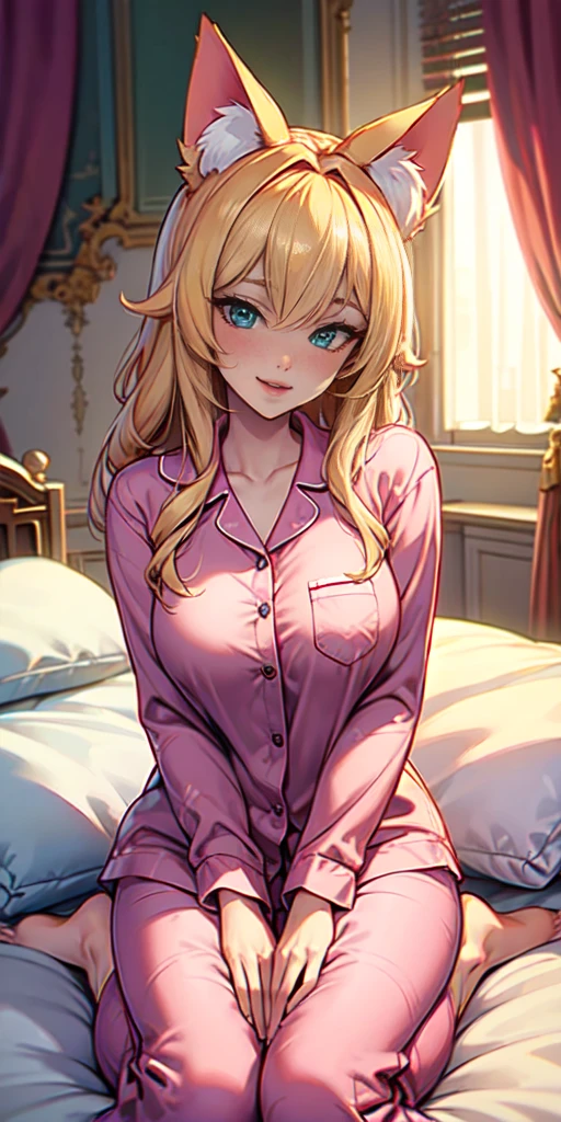 Masterpiece, beautiful art, 8k, art style by sciamano240, very detailed face, detailed hair, detailed clothes, detailed fabric, 1girl, beautiful face, long hair, blonde hair , very detailed one green eye, one blue eye, cat eyes, cute smile, wearing pink pyjamas, rosey cheeks, bedroom setting, sitting on bed, HD,