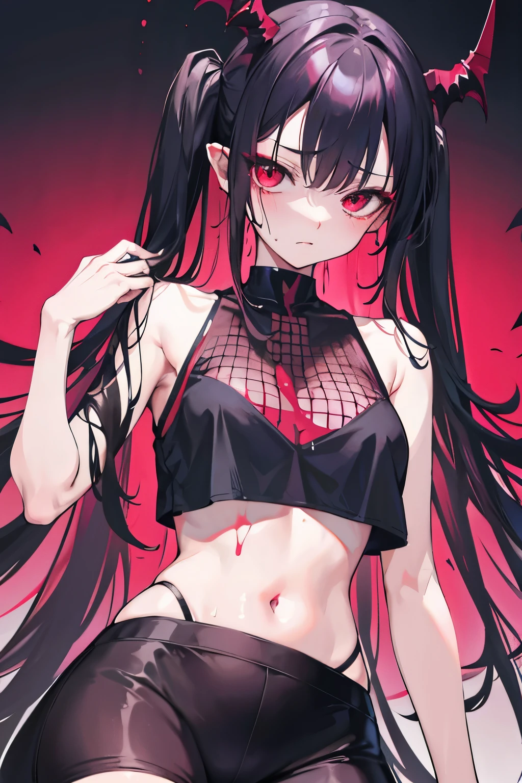 underdressing，Expression of disgust，Expression of disgust，Red Eyes，Sweat，Soaked，liquid，transparent，Cropped tops，succubus，pink，stocking，grid