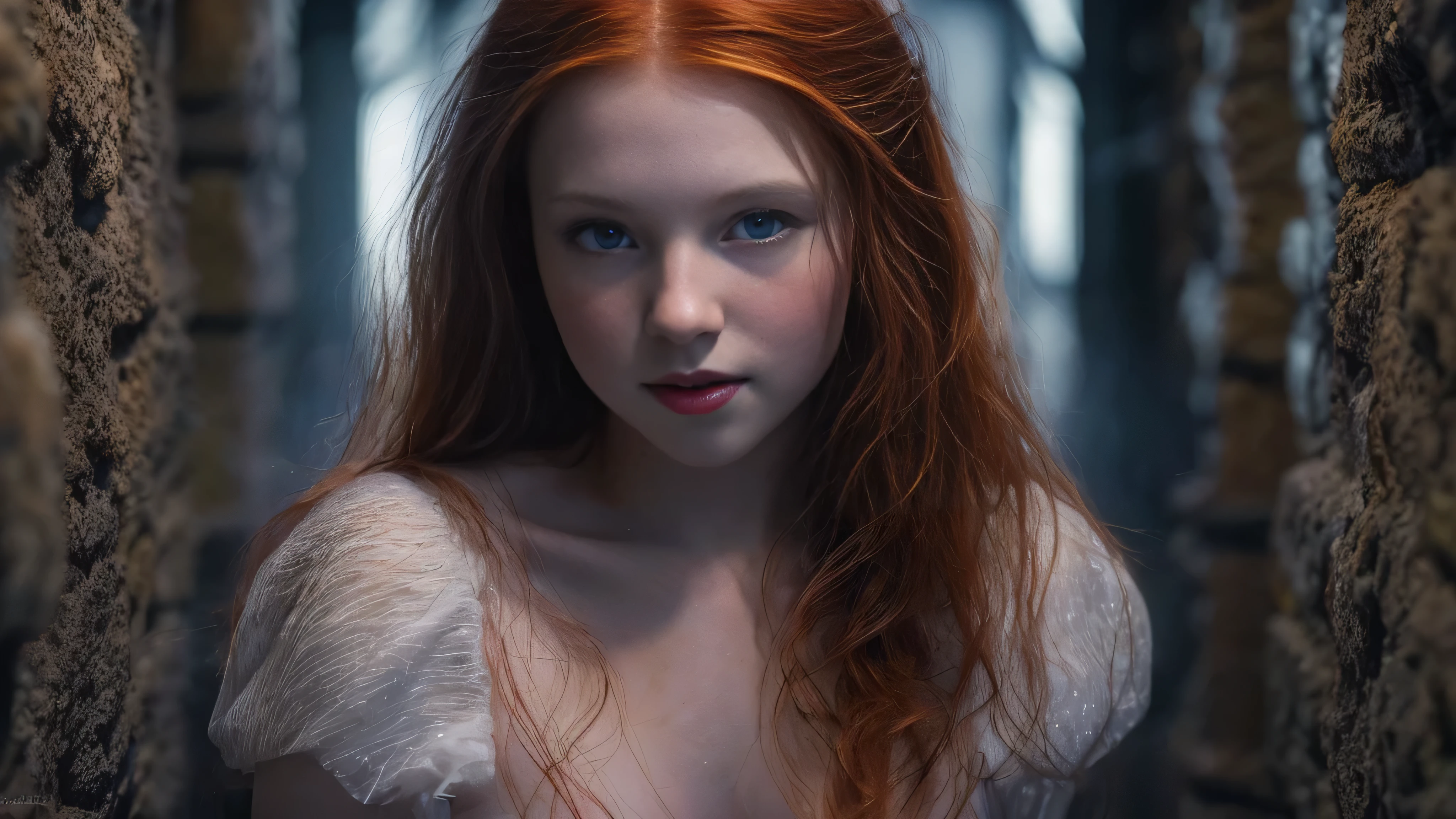 (snow white long ginger hair teen girl,13 years old with spread legs:1.6), (long, messy hair:1.3),  (naked, nude:1.8), (without clothes:1.8), blue eyes, detailed eyes, detailed lips,(lies nude, sensual, full body:1.5), (photo different angles:1.5), (lies in a long dark corridor in castle lit by the moon:1.5), (dark mood, creepy, mist, dust,fog:1.5) low neck, ray tracing, (best quality, 4k, 8k, high resolution, masterpiece:1.2), very detailed, (realistic , photorealistic, photorealistic :1.37), HDR, UHD, masterpiece, professional, vivid colors, bokeh, studio lighting,nsfw