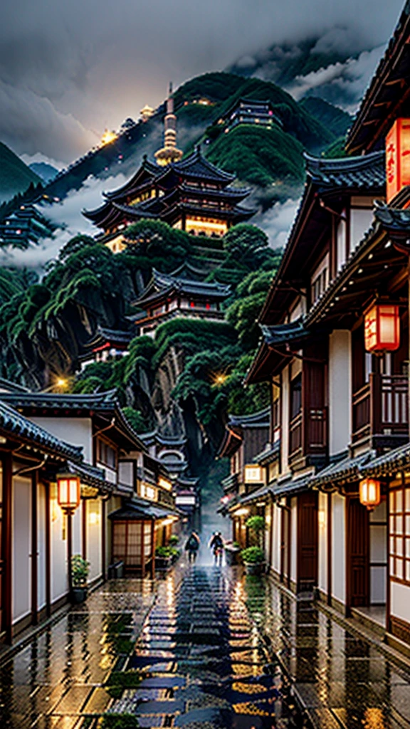 arafed view of a village with a lot of lights on the buildings, dreamy chinese town in cliff edge, chinese village, japanese town, japanese village, hyper realistic photo of a town, old asian village, japanese city, rainy evening, beautifully lit buildings, at evening during rain, beautiful and aesthetic, photography, cinematic, 8k, high detailed ((Heavy rain)))