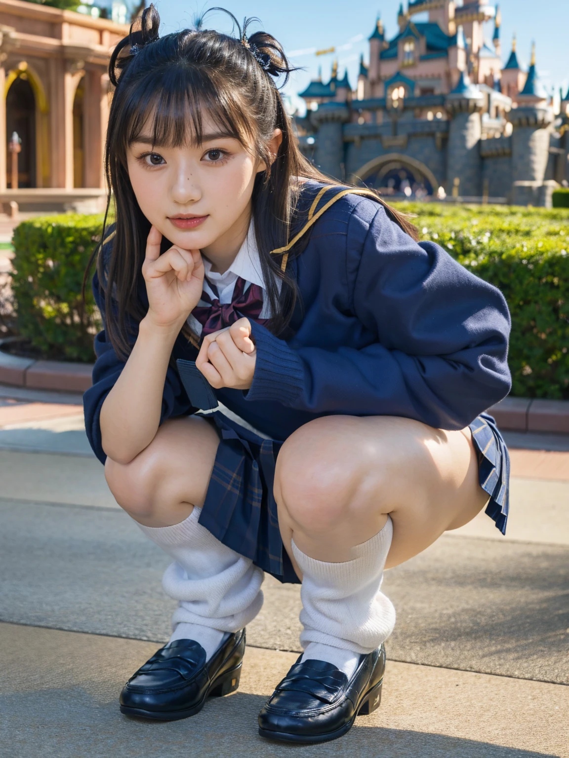 (photorealistic:1.4), best quality, masterpiece, raw 32k photo, (extremely detailed japanese beautiful girl), (extremely detailed eyes:1.2), (cute face:1.2), ultra-detailed, ultra high res, amazing, BREAK,squatting,
(school uniform:1.5), (full body:1.2), detailed school girl, (disneyland:1.3), beautiful detailed girl, bangs, cute face, miniskirt,loafers,exposed panties