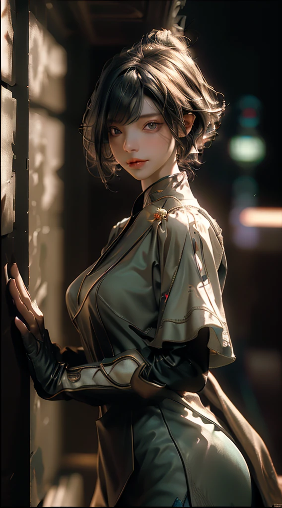 ((Best quality)), ((masterpiece)), (detailed:1.4), 3D, an unreal engine image of a eerie short hair cyberpunk female,HDR (High Dynamic Range),Ray Tracing,NVIDIA RTX,Super-Resolution,Unreal 5,Subsurface scattering,PBR Texturing,Post-processing,Anisotropic Filtering,Depth-of-field,Maximum clarity and sharpness,Multi-layered textures,Albedo and Specular maps,Surface shading,Accurate simulation of light-material interaction,Perfect proportions,Octane Render,Two-tone lighting,Wide aperture,Low ISO,Volumetric color.Rule of thirds,32K RAW,