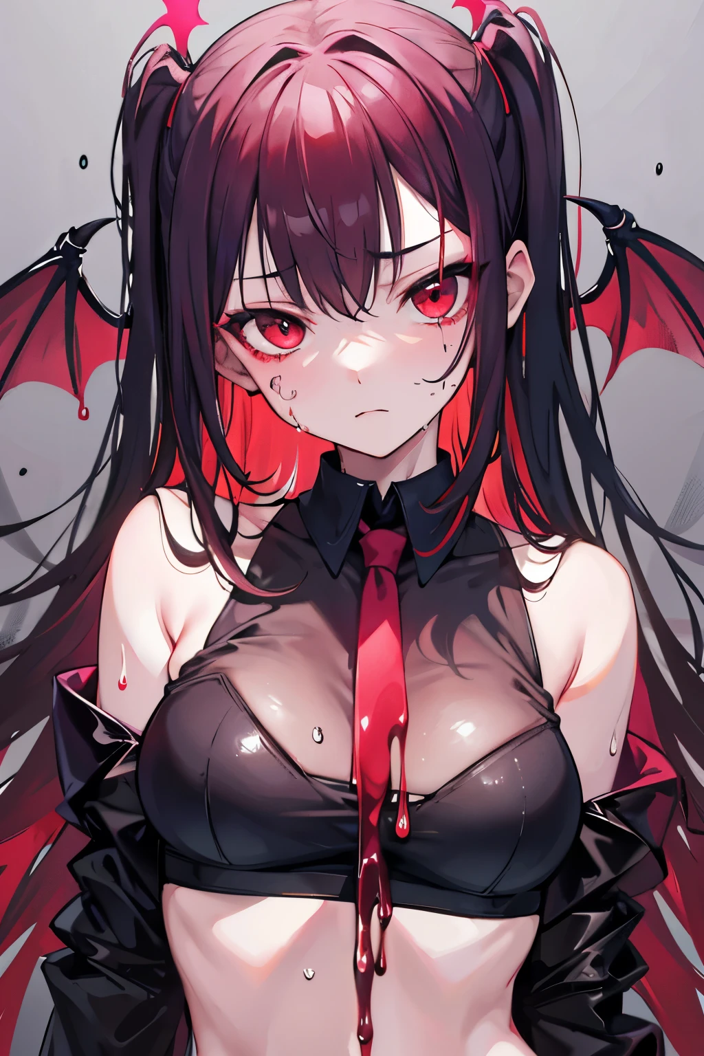 underdressing，Expression of disgust，Expression of disgust，Red Eyes，Sweat，Soaked，liquid，transparent，Cropped tops，succubus，pink，stocking，grid