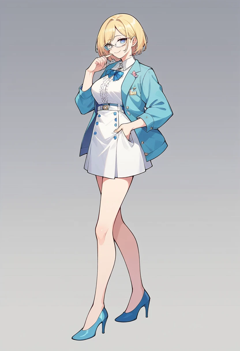 beautiful woman, beautiful face, solo, full body, standing, medium bob cut blonde hair, light blue eyes, two points glasses, medium breasts, blue opened short jacket, white blouse, white pleats Slightly longer skirt, (calf of leg), blue high heels, soft smile, (pinch one's her glasses), perfect hands and perfect fingers, temptation pose, black background, no background, pastel 2d art, matte painting, anime, masterpiece