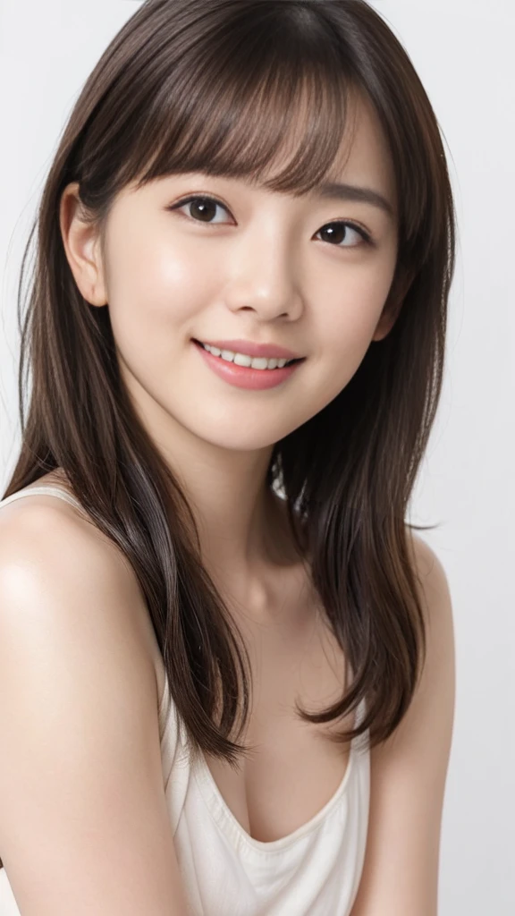((masterpiece, Highest quality, High resolution)), 1 Girl, (Realistic: 1.4), alone, White Background, snow-White Background, Mouth closed, Smile, Smile, Beautiful black hair, short hair, Big eyes, Transparent double eyelids, eyelash, Listen carefully, Long neck, Long neck, Absolute area, ((Face close-up)), (Draw the whole head, shoulder), 30 years old, Attractive proportions, Shiny skin, Beautiful collarbone, A face of golden proportions, Perfect Face, Teardrop-shaped moles, Mole on chest, bangs, clean bangs, beautiful bangs, Lip gloss, Thin lips, Pale skin, naked, Small breasts, Small face, Small face, All the heads are painted, shoulder all drawn, Look slightly up and into the camera,smile、