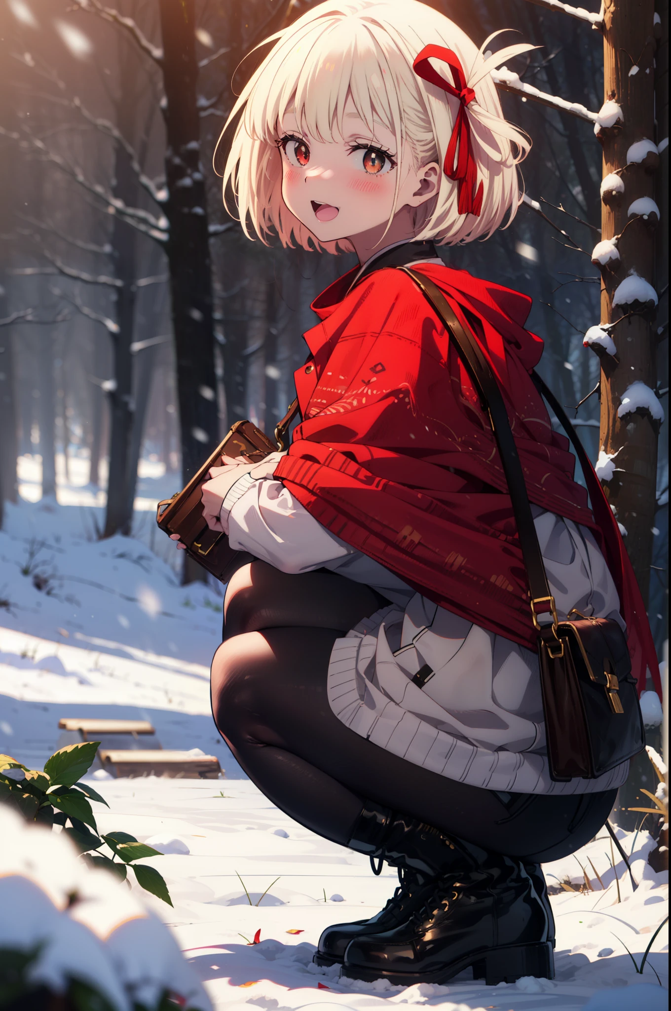 chisatonishikigi, Chisato Nishikigi, short hair, bangs, blonde, (Red eyes:1.5), Hair Ribbon, One side up, Bobcut,smile,blush,happy smile, smile, Open your mouth,
White Breath, Open your mouth,snow, Ground bonfire, Outdoor, boots, snowing, From the side, wood, suitcase, Cape, Blurred, Increase your meals, forest, White handbag, nature, Squat, Mouth closed, フードed Cape, winter, Written boundary depth, Black shoes, red Cape break looking at viewer, Upper Body, whole body, break Outdoor, forest, nature, break (masterpiece:1.2), Highest quality, High resolution, unity 8k wallpaper, (shape:0.8), (Beautiful and beautiful eyes:1.6), Highly detailed face, Perfect lighting, Highly detailed CG, (Perfect hands, Perfect Anatomy),