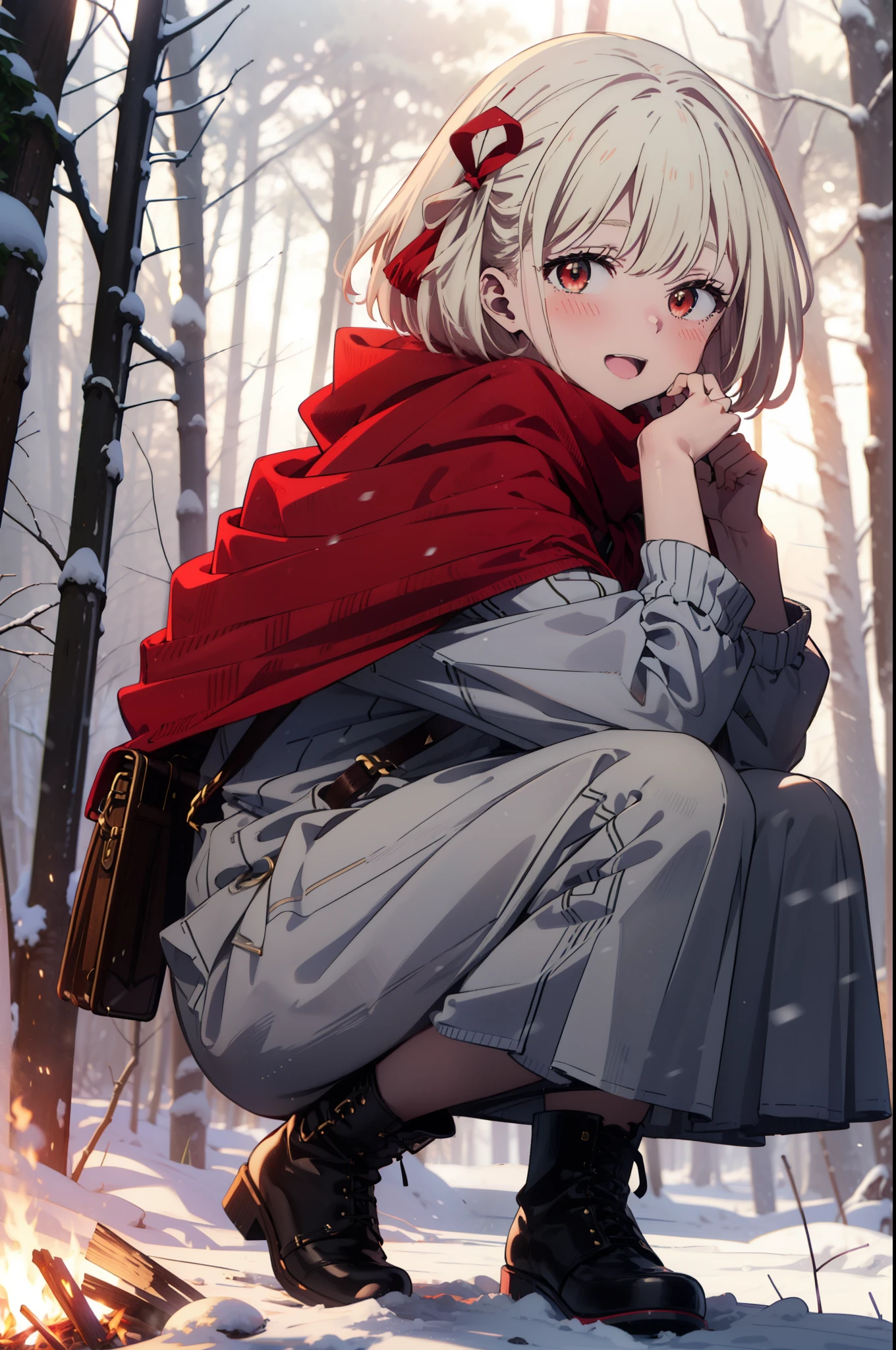 chisatonishikigi, Chisato Nishikigi, short hair, bangs, blonde, (Red eyes:1.5), Hair Ribbon, One side up, Bobcut,smile,blush,happy smile, smile, Open your mouth,
White Breath, Open your mouth,snow, Ground bonfire, Outdoor, boots, snowing, From the side, wood, suitcase, Cape, Blurred, Increase your meals, forest, White handbag, nature, Squat, Mouth closed, フードed Cape, winter, Written boundary depth, Black shoes, red Cape break looking at viewer, Upper Body, whole body, break Outdoor, forest, nature, break (masterpiece:1.2), Highest quality, High resolution, unity 8k wallpaper, (shape:0.8), (Beautiful and beautiful eyes:1.6), Highly detailed face, Perfect lighting, Highly detailed CG, (Perfect hands, Perfect Anatomy),