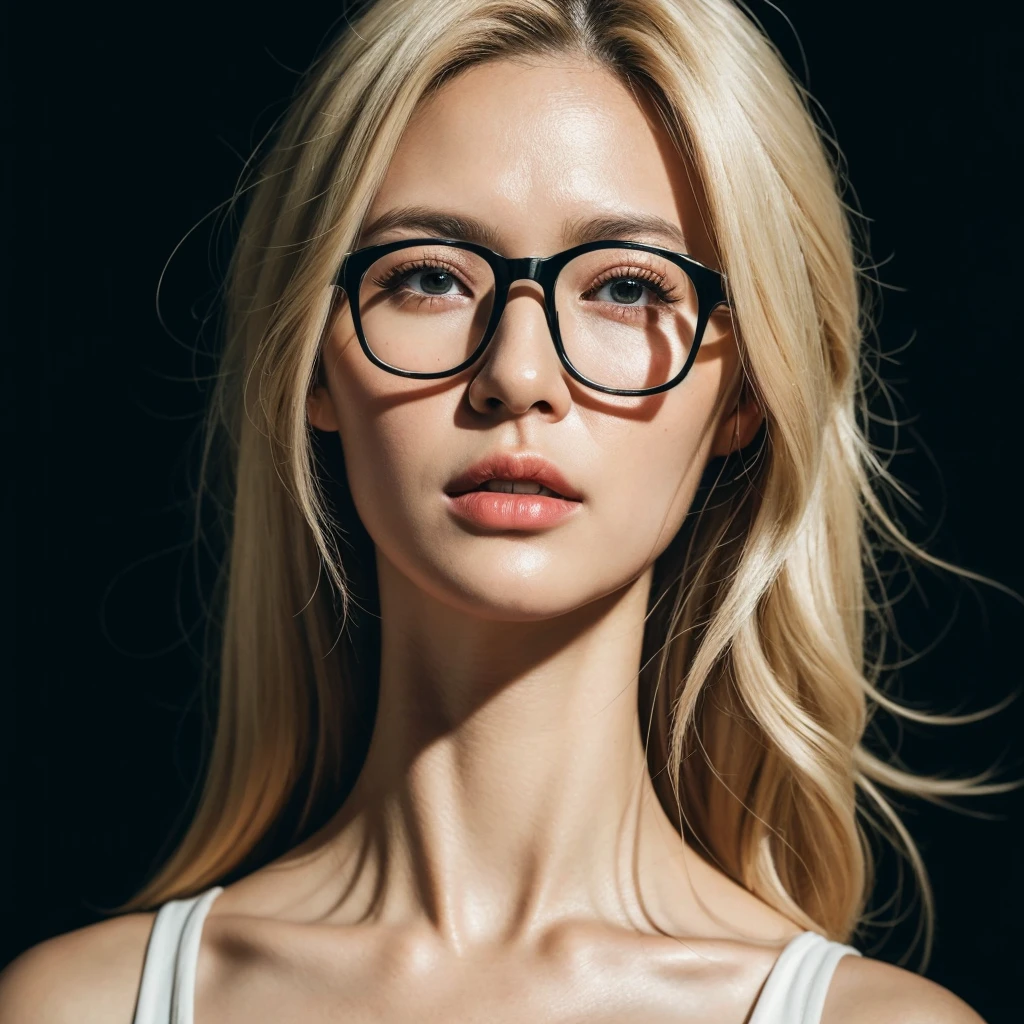 Photo portrait of a beautiful plump woman wearing glasses, long curly blonde hair, drooping shoulders, about 50 years old, (medium shot portrait:1.3), dramatic light, Rembrandt lighting scheme, (hyperrealism:1.2), (8K UHD: 1.2), (photorealistic :1.2), shot with Canon EOS 5D Mark IV, facial detail, skin texture detail, flawless smooth skin, radiant complexion, smooth touch, even texture, blemish free, radiant appearance, youthful appearance, soft and supple skin, non-porous , perfect skin tone, porcelain complexion, velvety smoothness, moist and fresh skin, natural beauty, healthy and bright skin, standing on the road