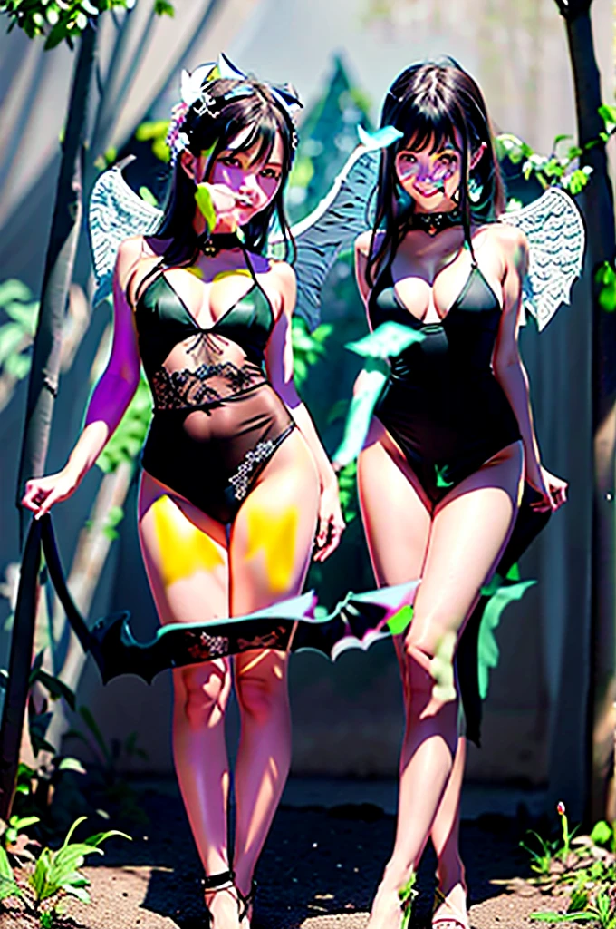 Realistic, high res, 4k, masterpiece, sharp focus, high contrast, cinematic lighting, (full body view), (2girls), (forest), outdoor AND (2girls), (with white angel wings:1.6), maiden, cute, pure, innocent,  figure, slender, medium breasts, bangs, long hair, gray hair, blue eyes, (pale white skin), shinny skin, tight skin, (happy), (smile:1.4), frown, glower, look at viewer, floating in the air, angel hair ornament, sweat, white embroidered mesh gloves, white embroidered lace mesh bustier, white embroidered mesh garter, white embroidered mesh hose stocking, white choker, (detailed outfits:1.6) AND (2girls), (with black bat wings:1.6), maiden, cute,  figure, slender, small breasts, bangs, short hair, bob hair, auburn hair, brown eyes, (pale skin), shinny skin, tight skin, (happy), (smile:1.4), look at viewer, floating in the air,  devil hair ornament, sweat, black embroidered mesh gloves, black embroidered lace mesh bustier, black embroidered mesh garter, black  embroidered mesh hose stocking, black choker, (detailed outfits:1.6), tattoo