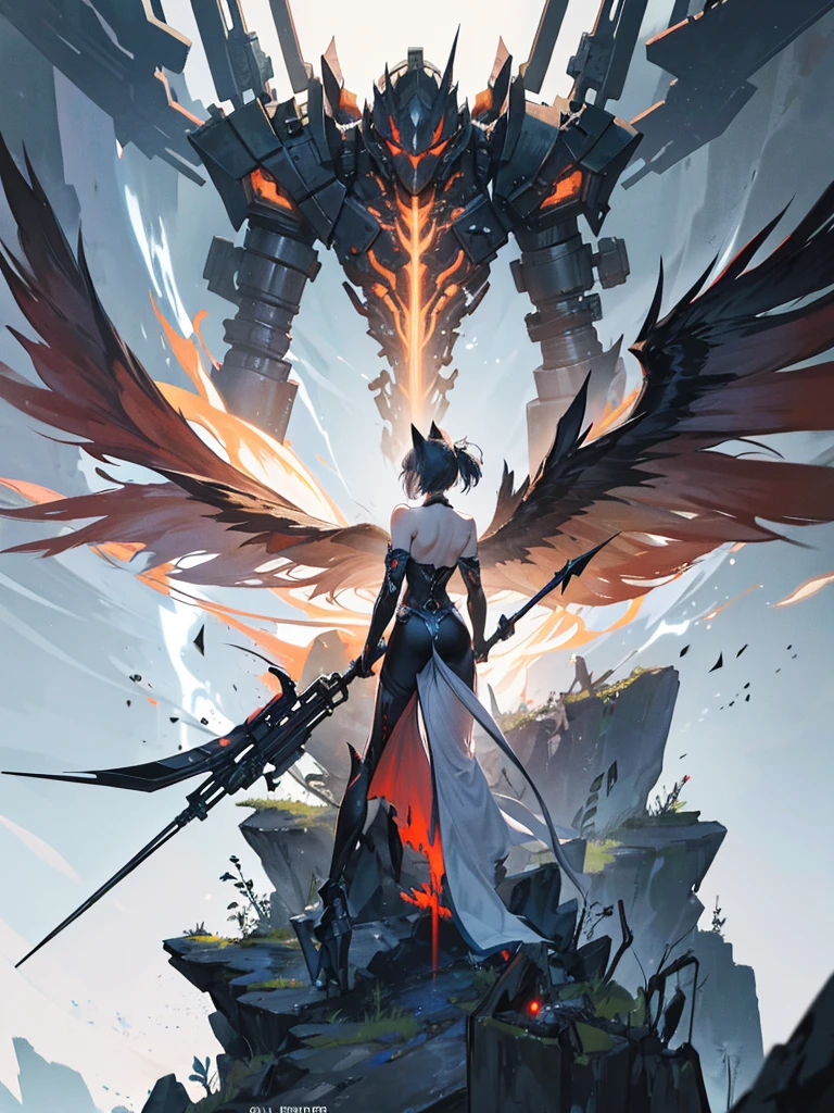 In a world ravaged by disaster akin to "Arknights," where everyone has transformed into half-animal beings, each wielding their own unique weapon:
The scene unfolds amidst the remnants of a once-thriving city, now reduced to ruins and overgrown with mutated flora. In the foreground, a diverse array of humanoid-animal hybrids stands vigilant, their backs turned to the viewer, symbolizing unity and preparedness in the face of adversity.
One figure, resembling a wolf-human hybrid with sleek fur and keen eyes, grips a futuristic sniper rifle, its barrel adorned with intricate glyphs and runes. Beside them, a bear-human hybrid towers, armored in salvaged metal plates, wielding a massive warhammer crackling with elemental energy.
Across from them, a feline-human hybrid crouches low, wielding dual blades that shimmer with a deadly poison, their agile frame poised for swift strikes. Next to the feline hybrid, an avian-human hybrid perches on a crumbling pillar, their wings spread wide, holding a bow imbued with ethereal arrows that glow with mystical power.
In the background, the sky burns with the eerie glow of mutated storms, casting a surreal and foreboding atmosphere over the chaotic battlefield. The setting reflects a blend of post-apocalyptic devastation and the resilience of these transformed individuals, united by their altered forms and unwavering determination to survive in this harsh new reality.