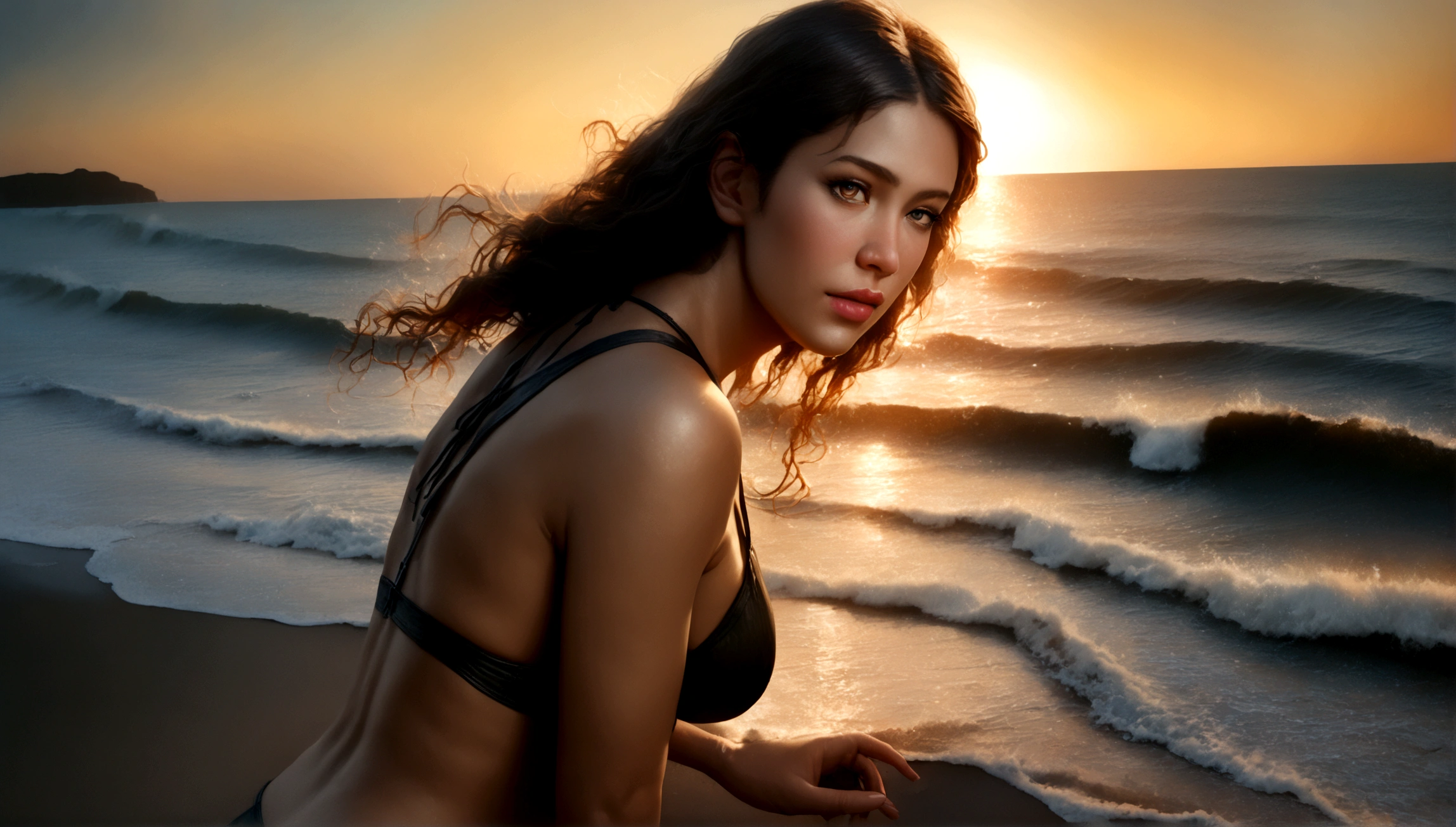 a sexy woman in a bikini,beautiful detailed eyes,beautiful detailed lips,extremely detailed face,longeyelashes,beautiful body,back view,beach,sunset,ocean waves,sand,detailed skin texture,(best quality,4k,8k,highres,masterpiece:1.2),ultra-detailed,(realistic,photorealistic,photo-realistic:1.37),vibrant colors,warm lighting,cinematic