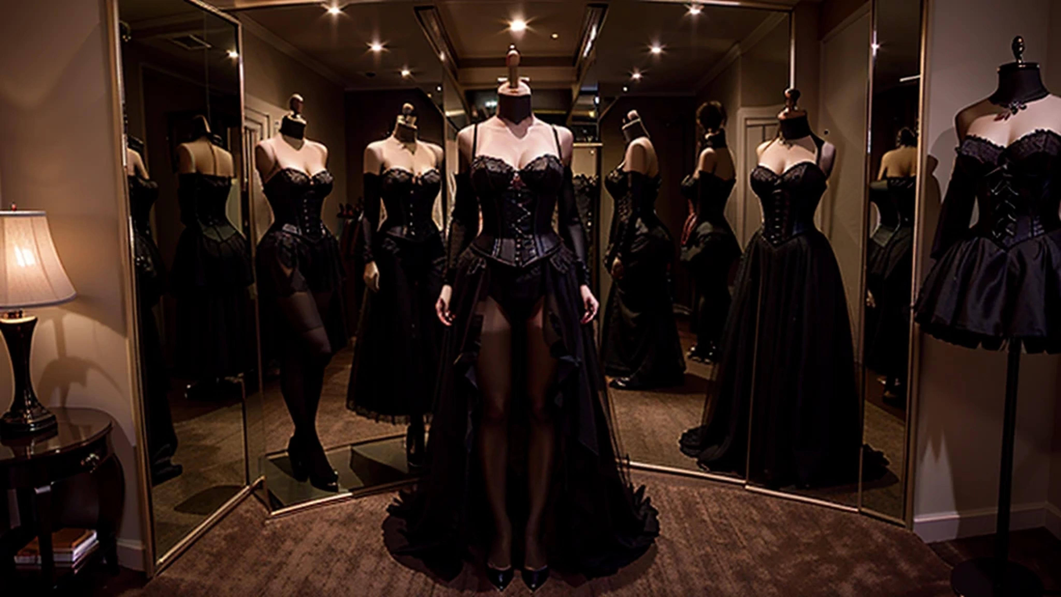 luxury dressing room, gothic, black, corsets, ballgowns, nylon stockings, lingerie