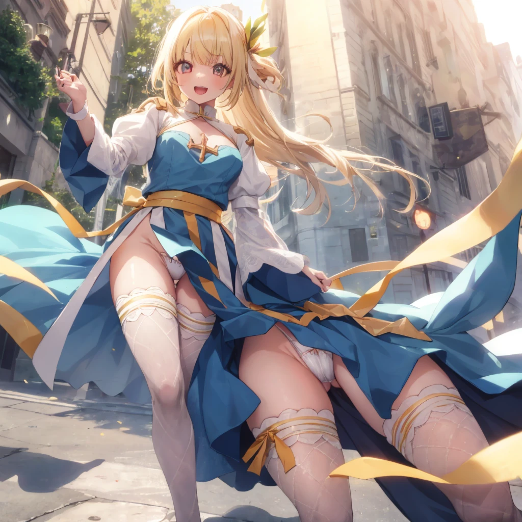 Texture CG,((Ultra Detail Art)),((master piece)),(extremely details CG),1girl,solo,ragnarokarch,nsfw,(open legs with sensational pose,panty pull),gal,gyaru,beautiful breasts,slim body,slim legs,collarbones,slim and smooth lines,slim waist,small butt,(nipple slip),(panty shot),(ass visible through vulva),(wind lift:1.2),(highleg panties,thong,wedgie panties,cameltoe),(White Puff Sleeves,white thigh thighs,Gold Sash,White blue dress from neck to chest,cleavage cutout,Long blue skirt with slit),((over the knee length pelvic curtain)),(Blue Wide Sleeve,(Blue Dress wedgie Front)),long hair,golden blonde hair,Curve,Beautiful detailed eyes ,gleaming skin,open mouth,smile,outsides,clear sky,in summer,windy,garden,