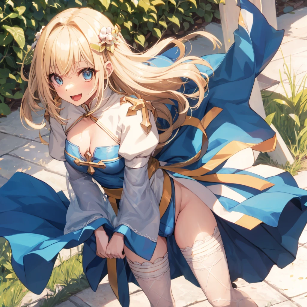 Texture CG,((Ultra Detail Art)),((master piece)),(extremely details CG),1girl,solo,ragnarokarch,nsfw,(open legs with sensational pose,panty pull),gal,gyaru,beautiful breasts,slim body,slim legs,collarbones,slim and smooth lines,slim waist,small butt,(nipple slip),(panty shot),(ass visible through vulva),(wind lift:1.2),(highleg panties,thong,wedgie panties,cameltoe),(White Puff Sleeves,white thigh thighs,Gold Sash,White blue dress from neck to chest,cleavage cutout,Long blue skirt with slit),((over the knee length pelvic curtain)),(Blue Wide Sleeve,(Blue Dress wedgie Front)),long hair,golden blonde hair,Curve,Beautiful detailed eyes ,gleaming skin,open mouth,smile,outsides,clear sky,in summer,windy,garden,
