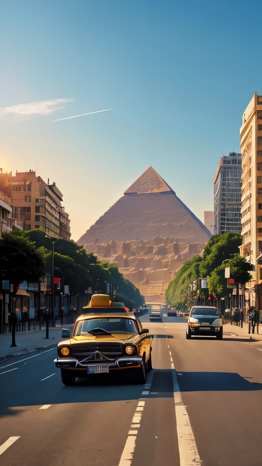 「Behind the scenes of a cityscape with modern buildings and street lights、Egyptian pyramids rise。The morning sun shines on the pyramid、Shining golden。A car is driving on the road、The city and historical ruins are displayed in contrast to each other.。」