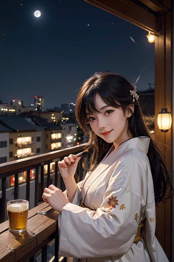 (masterpiece), best quality, expressive eyes, perfect face, At night, under the city lights, on a balcony of an apartment, a woman in a kimono drinks beer, smiling, under the moon and stars, feeling the night breeze.