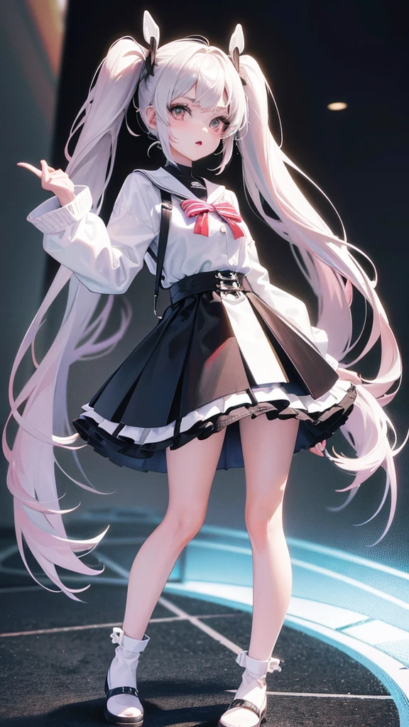 girl in short skirt, Twin Tail, full height, 3D wallpaper.