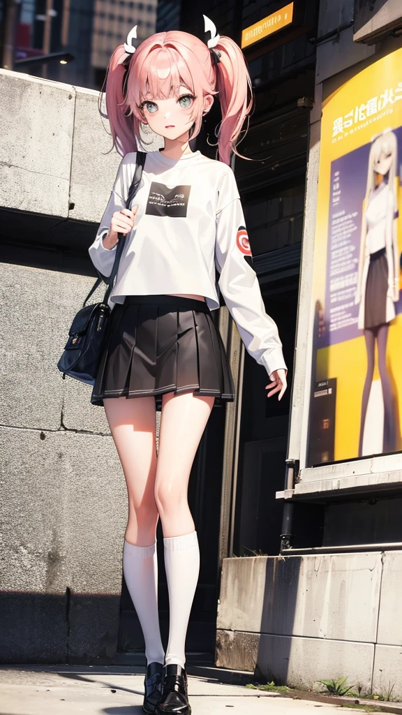 girl in short skirt, Twin Tail, full height, 3D wallpaper.