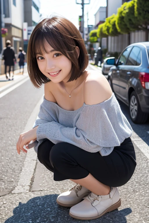 High resolution, Highest quality, Absolute area, Beautifully detailed droopy eyes, Off the shoulder、Shiny Hair、short hair,  university student、Asakusa、smile、Crouching