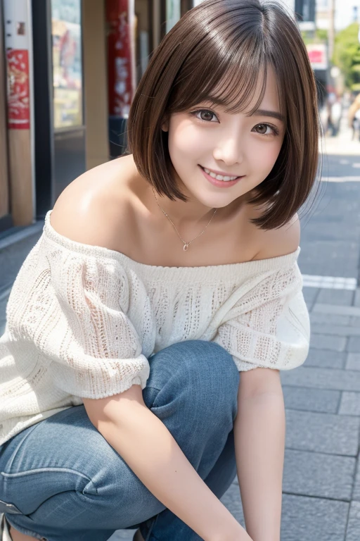 High resolution, Highest quality, Absolute area, Beautifully detailed droopy eyes, Off the shoulder、Shiny Hair、short hair, university student、Asakusa、smile、Crouching