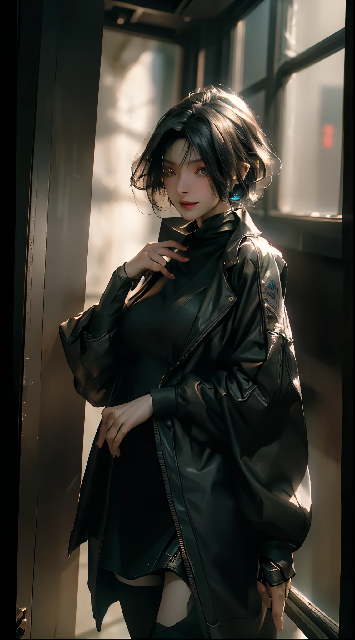 ((Best quality)), ((masterpiece)), (detailed:1.4), 3D, an unreal engine image of a eerie short hair cyberpunk female,HDR (High Dynamic Range),Ray Tracing,NVIDIA RTX,Super-Resolution,Unreal 5,Subsurface scattering,PBR Texturing,Post-processing,Anisotropic Filtering,Depth-of-field,Maximum clarity and sharpness,Multi-layered textures,Albedo and Specular maps,Surface shading,Accurate simulation of light-material interaction,Perfect proportions,Octane Render,Two-tone lighting,Wide aperture,Low ISO,Volumetric color.Rule of thirds,32K RAW,