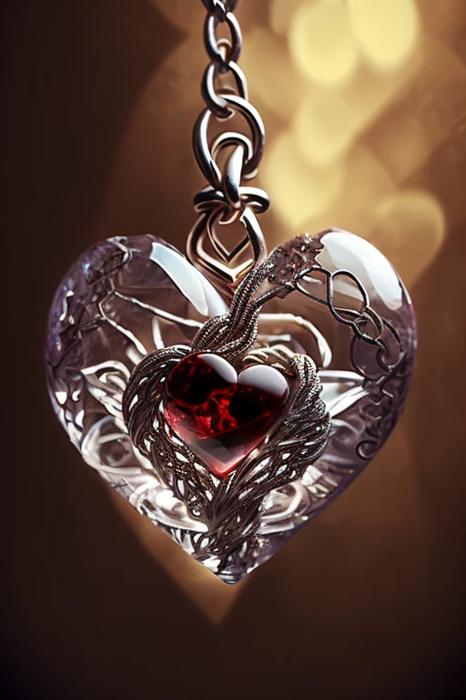 (masterpice:1.3), (best quality:1.4), Glass heart, macro photography, hanging from a chain, real heart, glass sculpture of a heart, very intricate photorealistic, human heart, anatomically correct heart, realistic, high res, UHD, beautiful, stunning artwork, 8k