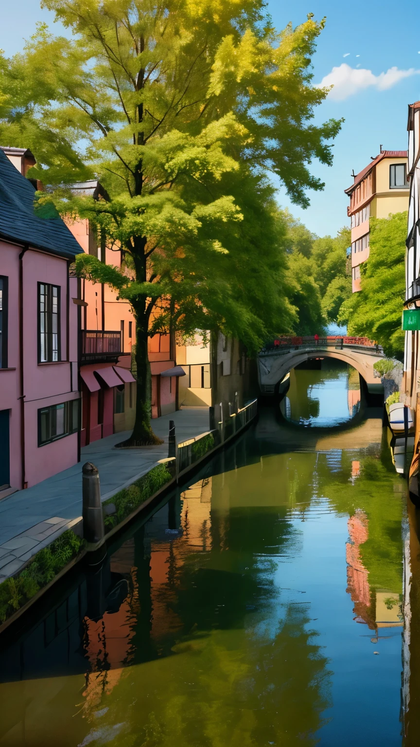 「Canal scenery lined with colorful buildings。The building is pink、yellow、green、Comes in a variety of colors, including orange、Boats are moored on the canal。The vibrant colors of the buildings are reflected on the water, creating a beautiful landscape.。This canal is located in a quiet neighborhood.、It exudes a vivid and attractive atmosphere, almost like a painting.。」