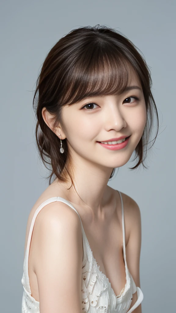 ((masterpiece, Highest quality, High resolution)), 1 Girl, (Realistic: 1.4), alone, White Background, snow-White Background, Mouth closed, Smile, Smile, Beautiful black hair, short hair, Big eyes, Transparent double eyelids, eyelash, Listen carefully, Long neck, Long neck, Absolute area, ((Face close-up)), (Draw the whole head, shoulder), 30 years old, Attractive proportions, Shiny skin, Beautiful collarbone, A face of golden proportions, Perfect Face, Teardrop-shaped moles, Mole on chest, bangs, clean bangs, beautiful bangs, Lip gloss, Thin lips, Pale skin, naked, Small breasts, Small face, Small face, All the heads are painted, shoulder all drawn, Look slightly up and into the camera,smile、