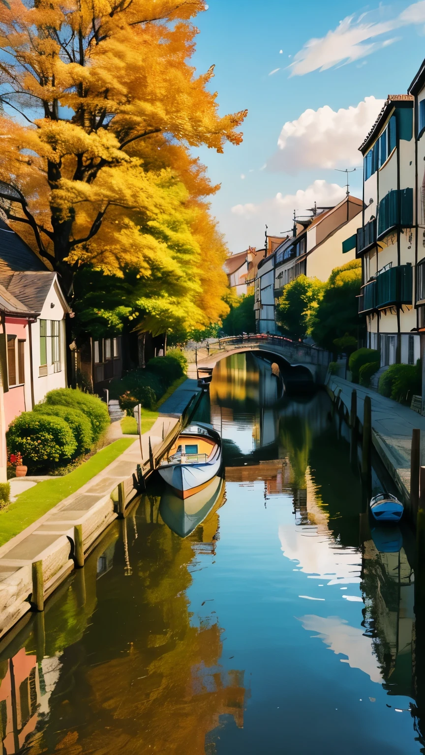 「Canal scenery lined with colorful buildings。The building is pink、yellow、green、Comes in a variety of colors, including orange、Boats are moored on the canal。The vibrant colors of the buildings are reflected on the water, creating a beautiful landscape.。This canal is located in a quiet neighborhood.、It exudes a vivid and attractive atmosphere, almost like a painting.。」