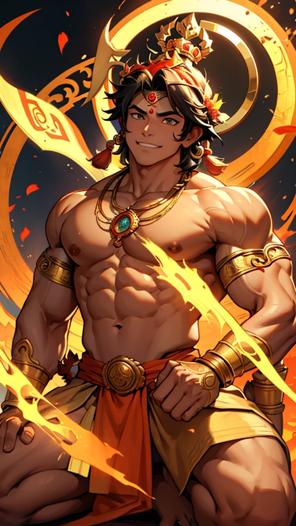 Close-up of a man with a sword and fireball, handsome japanese demon boy, keqing from genshin impact, muscled humanoid balrog demon, handsome guy in demon slayer art, fire demon, by Yang J, human male demon, djinn man male demon, muscular male hero, demon male, portrait of demigod hercules