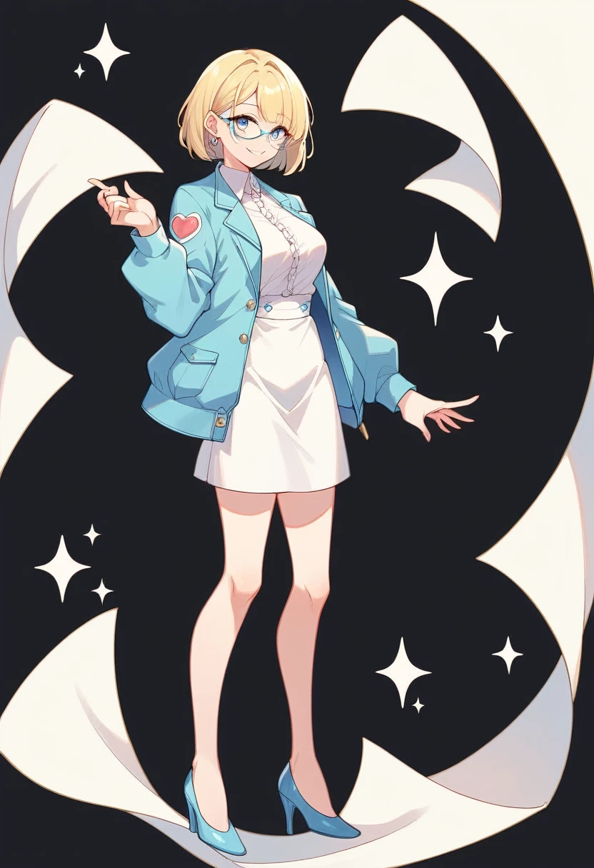 beautiful woman, beautiful face, solo, full body, standing, medium bob cut blonde hair, light blue eyes, two points glasses, medium breasts, blue opened short jacket, white blouse, white pleats Slightly longer skirt, (calf of legs), blue high heels, soft smile, (pinch one's her glasses), perfect hands and perfect fingers, temptation pose, black background, no background, pastel 2d art, matte painting, anime, masterpiece