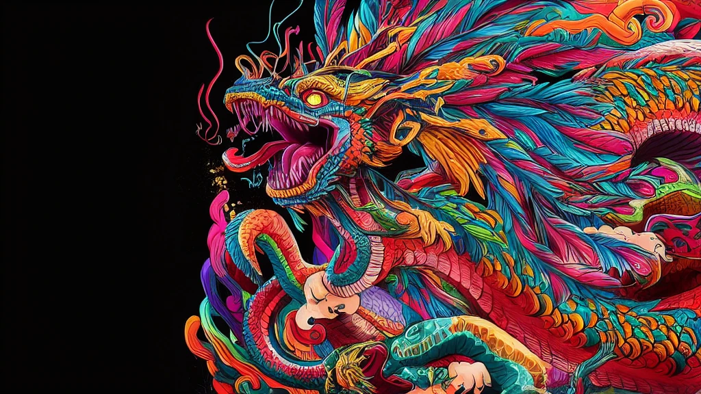 colorful dragon with a snake on its back, digital painting of Quetzalcoatl, altamente intrincado e colorido, Quetzalcoatl, obra-prima intrincada colorida, cheio de cores e detalhes ricos, intrincado colorido masterpiece, muito detalhado e colorido, altamente intrincado em technicolor, arte colorida ultra detalhada, cores brilhantes altamente detalhadas, intrincado colorido, arte colorida super detalhada