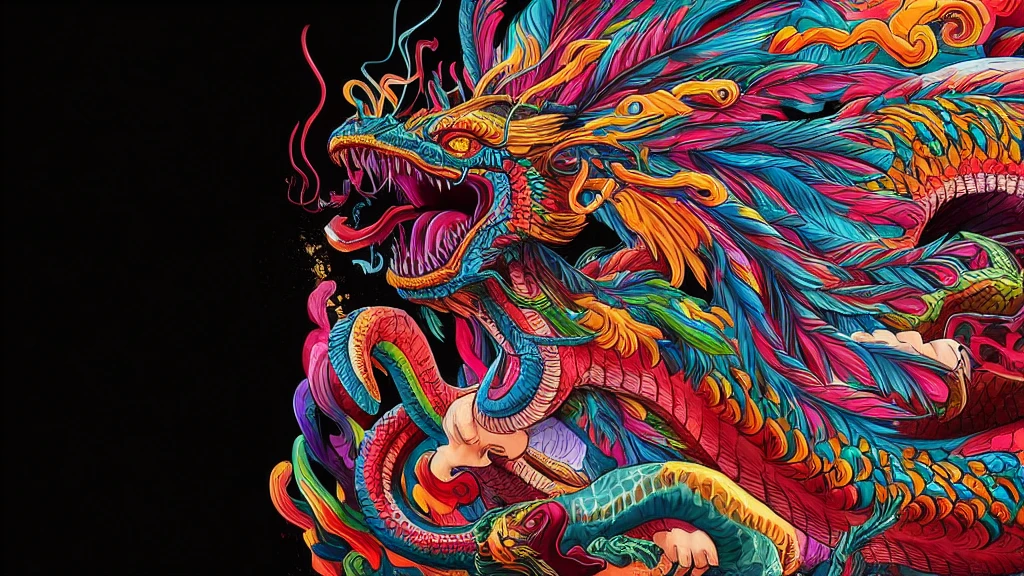 colorful dragon with a snake on its back, digital painting of Quetzalcoatl, altamente intrincado e colorido, Quetzalcoatl, obra-prima intrincada colorida, cheio de cores e detalhes ricos, intrincado colorido masterpiece, muito detalhado e colorido, altamente intrincado em technicolor, arte colorida ultra detalhada, cores brilhantes altamente detalhadas, intrincado colorido, arte colorida super detalhada